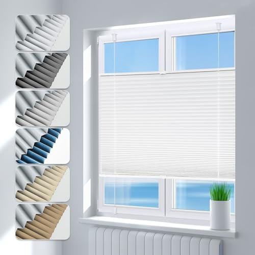 Deswell Plissee ohne Bohren Verdunkelung Klemmfix Verdunklungsplissee B60 x H200 cm Weiß, 100% Blickdicht lichtundurchlässig Thermo Plissee Faltrollo Sichtschutz Sonnenschutz für Fenster Tür