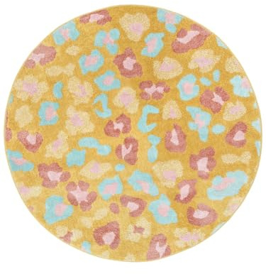 RugVista Leopold, Kinderteppich, Ø 150 cm, Rund, Niedriger Stapel, Kinderzimmer, Nur Handwäsche, Ohne gefährliche Chemikalien, Gelb/Multi