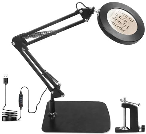 Lupenleuchte mit Licht und Ständer, Echtglas LED Lupenlampe, 5-Farbmodi stufenlos dimmbar, Freisprecheinrichtung Mag Schreibtischlampe mit Klemme zum Lesen Handwerk Hobby Close Arbeit