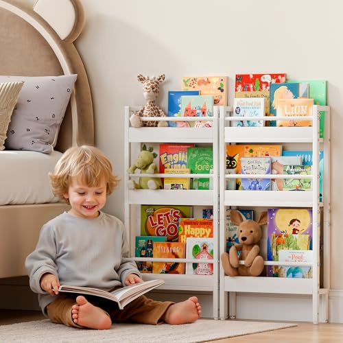Barnbokhylla – väggmonterad bokhylla med 6 nivåer för barnrum, bakom dörrbokhylla för barn/baby/småbarn, 38 cm B hörnvägg bokhylla för sovrum/barnkammare, barnorganiserare för leksaker och böcker