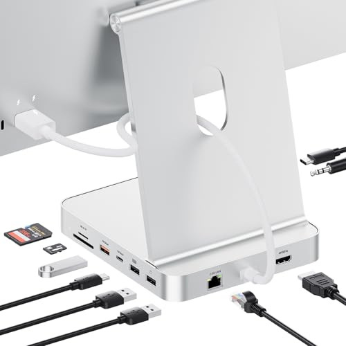 PULWTOP 11-i-1 USB C-hubb för iMac 24 tum 2021 2023 2024 USB-hubb dockningsstation stöder M.2 SSD, iMac M1 M3 M4-tillbehör, 4K HDMI, 2,5G Ethernet, USB A/C 3.2 10 Gbps, USB A/C 2.0, SD/TF - Silver