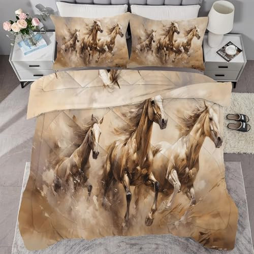 buyluhn Bettdecke 180x220 Braun Pferd, 4 Jahreszeiten Bettdecken Aquarell Ohne Bezug Nutzbar, Kinder Steppdecke Ganzjahresdecke, Waschbar Bettzeug mit 2 Kissenbezug für Sommer Winter
