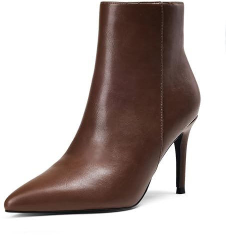 Elisabet Tang stylish fall winter heeled ankle boots for women 3.14 inch - Cute closed toe pointy stiletto booties for work party travel brown 7.5