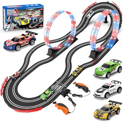 2-in-1 Slot Car Race Track Sets with 4 High-Speed Cars, Electric Track, Dual Racing Game with 2 Controllers, Circular Overpass Design Featuring Flash Tracks. Toy Gift for Boys Kids Ages 4-6 6-8 8-12
