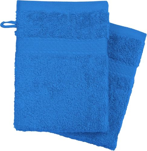KB Tradax Lot de 4 gants de toilette 100 % coton bio – 500 g/m² d'épaisseur avec boucle de suspension, taille 16 cm x 21 cm, gants en flanelle doux et absorbants (bleu)