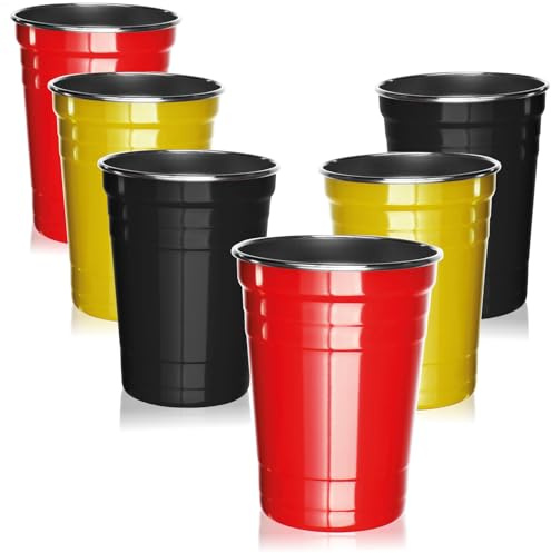 com-four® 6x Edelstahl-Trinkbecher je 500 ml, perfekter Begleiter | Public Viewing - WM & EM - Fanbecher in Schwarz - Rot & Gold - BPA-frei & bruchsicher