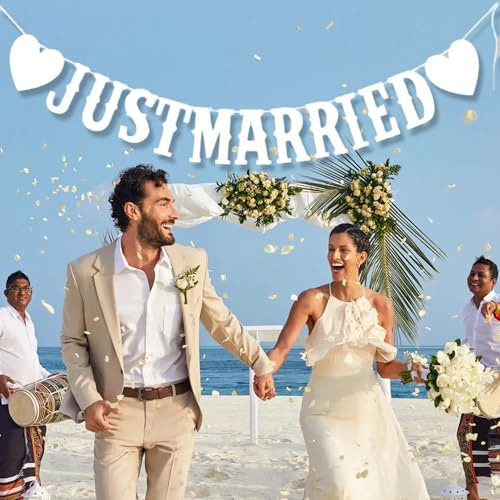 Just Married Girlande,Hochzeitsgirlande,Just Married Hochzeit Banner Deko,Vintage Hochzeitsdeko,Wimpelkette Hochzeitsbanner mit Seil für Deko Hochzeit Gartenparty,Auto,Brautdusche,Standesamt (Weiß)