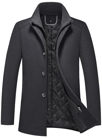 KUDORO Mens Wool Blend Coat Winter Thick Overcoat Warm Pea Coat with Detachable Scarf Collar(Black,S)