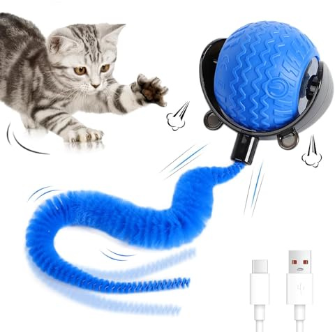 Hillylolly Interaktives Katzenspielzeug Ball 3 Modi, Katzenball Elektrisch, Smart Rolling Ball Cat Toys, Interaktiver Spielball für Katzen, Interaktiver Spielball mit Schwanz für Katzens, Blau