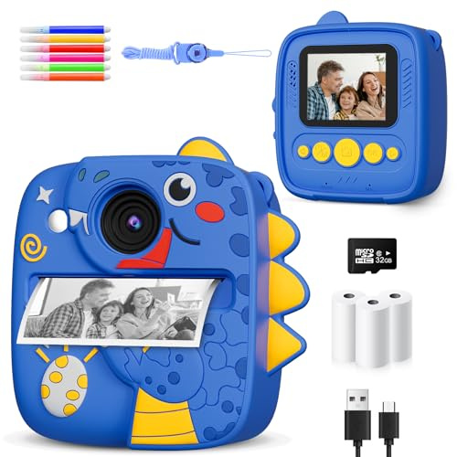 Appareil Photo Instantané Enfants, 1080P HD 48MP Appareil Photo Enfants avec 32GB Carte & Coque en Silicone Dinosaure, Appareil Photo Numérique Enfant Cadeaux pour Garçons Filles de 3-12 Ans