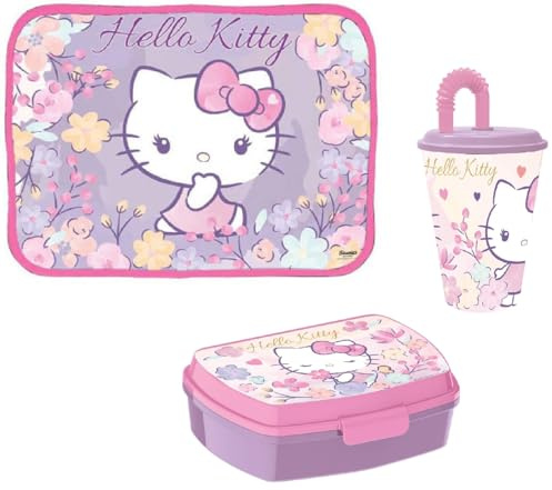 Set Pranzo HELLO KITTY Bambina Asilo, Lunch Box Portamerenda porta merenda, Bicchiere con Cannuccia plastica Riutilizzabile, Tovaglietta in tessuto, Set Merenda, Hello Kitty