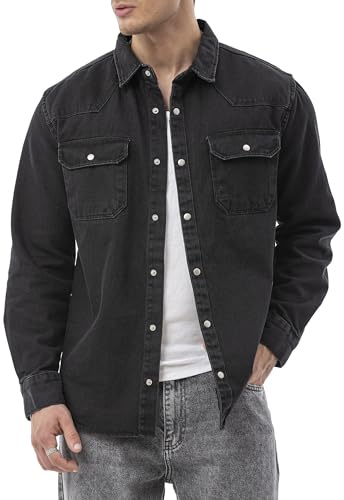 Redbridge by Spruce – denimskjortjacka – jeansskjorta med tryckknappar – övertröja med bröstfickor – långärmad normal passform, svart, S