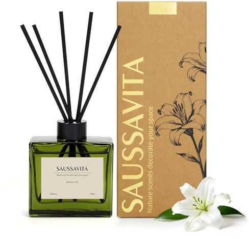Reed Diffuser, 120ml Jasmine Lily Scented for 90 Days | Diffuser with Dried Flowers & 7 Sticks, Home Fragrance Long Lasting for Bathroom Bedroom Home & Office Decor, Air Freshener