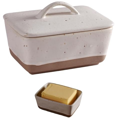 Butterdose Keramik mit Deckel und Griff, 450ml Butterbox, 14.5x10.2x6.5cm Butterdose Porzellan, Abgedeckte Butterglocke Butterschale Butter Dish für 250g Butter, Küchen (weiß)
