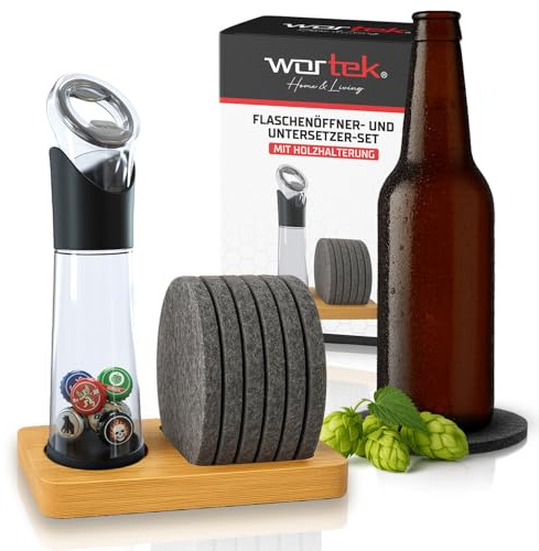 wortek Flaschenöffner mit Auffangbehälter + Filz Untersetzer Gläser Set mit Halterung Glas Untersetzer-Set Glasuntersetzer Bierflaschenöffner Bieröffner Küche Zubehör Bier Geschenke für Männer