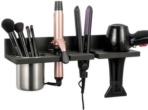 XJYMCOM Hair Dryer Straightener Holder With Cable Tidy, Wall Mounted Metal Hair Dryer Hanger Hairdryer Holder Station for Dressing Table Professional Spiral Straightener (Black)