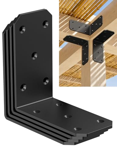 Heavy Duty L Brackets 4-Pack, 5x5x2.5 Inch 300lb Capacity Black Powder Coated Durable Corner Braces, 90 Degree Angle Brackets for Wood, Shelves, Pergola, Deck, Fence, Furniture (Black-4PCS)