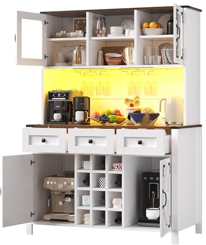 DRIXNO Küchenschrank, Buffetschrank mit USB-Anschlüssen und Steckdosen, Seitenschrank mit 4 Türen und 3 Schubladen,Sideboard mit LED-Lichtleiste, Aufbewahrungsschrank, 120x40x170 cm, Weiß