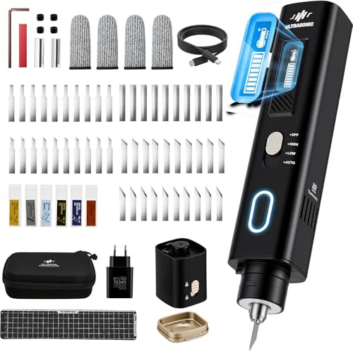 Eirolace Cortadora Ultrasónica Portátil 40kHz con 50 Cuchillas, 35W Cuchillo Ultrasónico con Pantalla OLED & 4 Modos, Herramienta de Corte de Precisión para Impresión 3D, Madera, Plástico, Cuero