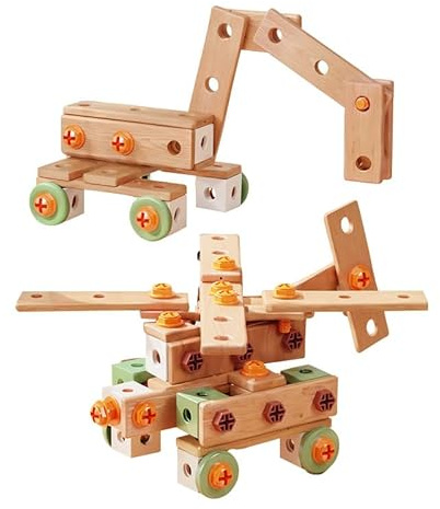 Adel & Spiel Montessori Holz Schraubset – 100 Teile DIY Konstruktionsspielzeug mit Schraubendreher für Kinder ab 3 Jahren – Lernspielzeug zum Bauen von Fahrzeugen & Tieren