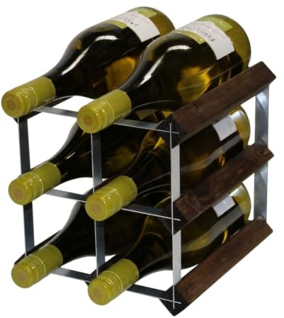 Classic 6 Bottle Wine Rack, Walnut Stained Wood and Galvanised Metal