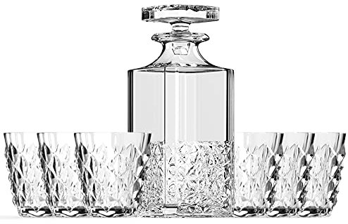 Lot de 7 carafes à whisky de style européen et verres – Carafe en verre fabriquée en Italie et 6 verres à whisky – Ensemble parfait pour whisky scotch, alcool et bourbon (Guia)