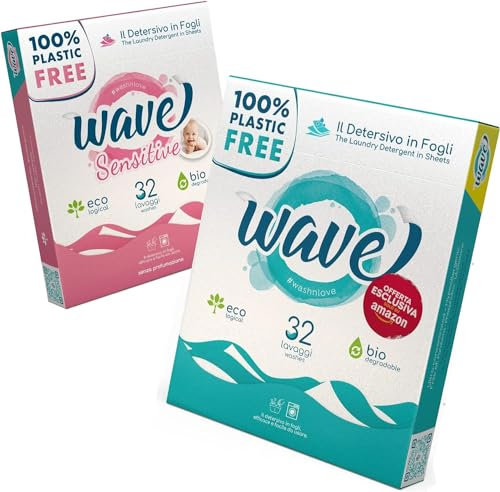 Wave Washing Family Box - Il Detersivo in Fogli - 100% PLASTIC FREE - 64 lavaggi - Made in Italy - Classic & Sensitive - Ecologico - Biodegradabile - Compostabile