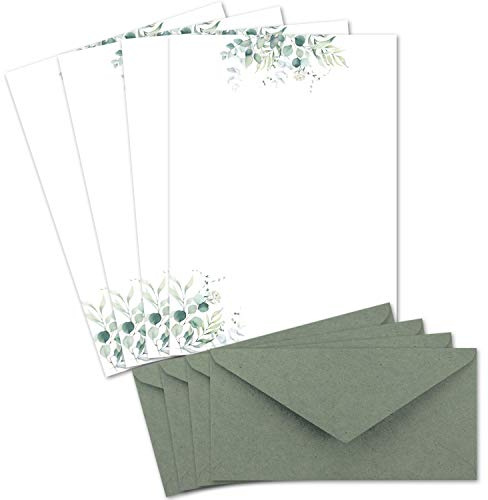 50 Briefbogen-Sets DIN A4 - Naturpapier in Creme mit Eukalyptus-Zweigen - mit Briefumschlägen DIN Lang in Eukalyptus-Grün Briefpapier bedruckbar ideal für Hochzeitseinladungen