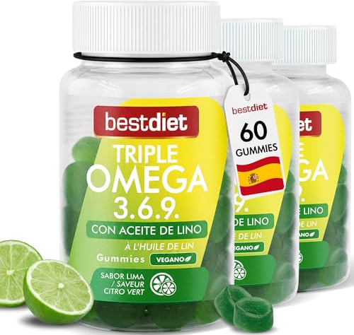 BestDiet - Gummies Triple Omega 3, 6 und 9 - Veganes Nahrungsergänzungsmittel - Gummibonbonformat - mit Pektin und Flachsöl - wohltuend für das Nervensystem - Packung mit 3 Gläsern à 132gr.