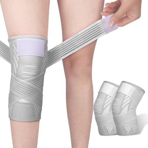 yeloumiss Knee Support Brace 2 Pack Compression Knee Sleeve with Straps for Women Men for Sports, Arthritis, Joint Pain, Ligament Injury, Meniscus Tear, ACL, MCL, Tendonitis (Grey, M)
