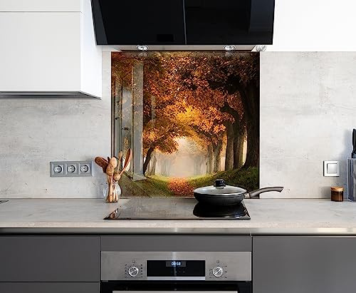 Myphotostation.com 50Wx33.5H''Tempered Glass Autumn Forest Backsplash Design Cooker Wall Backsplash Panel Glass Splashback for Kitchen Panel Brown Leaves Splashback for Stove