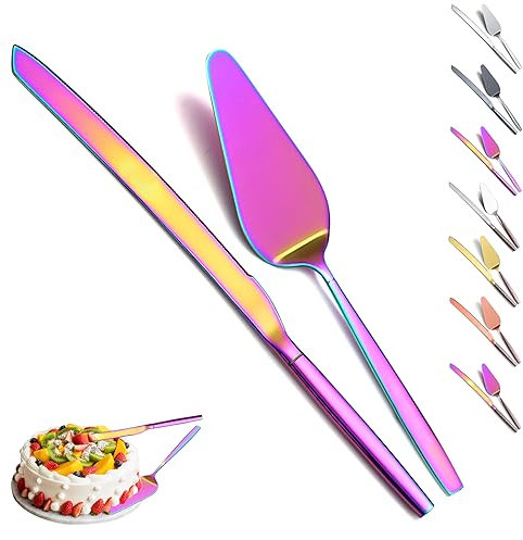 Evanda Rainbow Wedding Cake Knife and Server Set, Rainbow Titanium Plating Cake Cutte, Pie Server for Everyday, Wedding and Birthdays, Dishwasher Safe