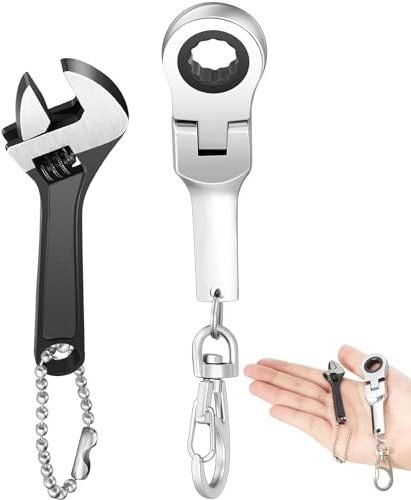 Chumia 2 Sets 10mm Ratchet Wrench Keychain Key Ring and Spanner Set Including 72 Tooth Steel 10mm Socket Wrench Keychain Adjustable High Hardness Mini Spanner for Repair