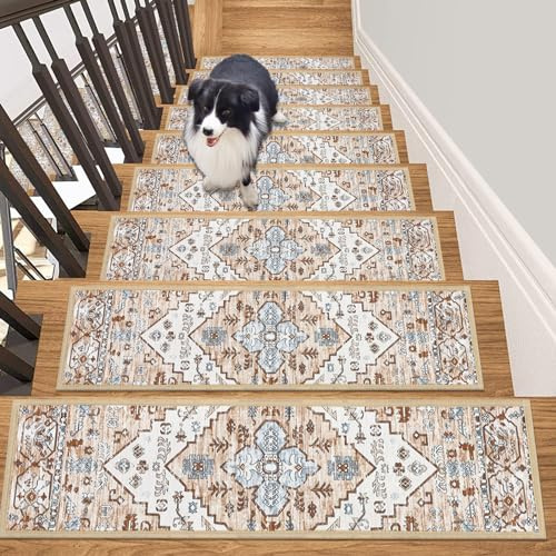 HEBE Carpet Stair Treads for Wooden Steps Indoor 15 Pack 8 X 30 Non Slip Self Adhesive Stairway Carpet Reusable Staircase Step Treads Edging Stair Rugs Runner for Kids and Pets