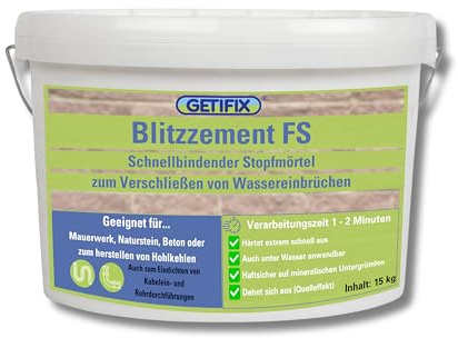 GETIFIX Blitzzement FS 15 kg Eimer – Außen und Innen, wasserdicht, zum äußerst schnellen Verschließen von Wassereinbrüchen und Undichtigkeiten in Beton-, Mauerwerk-, und Natursteinkonstruktionen