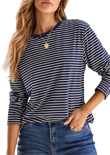 Dokotoo Striped Long Sleeve Shirts Women Color Block Tops, Blue, Large
