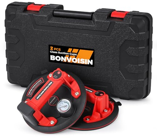 Bonvoisin Electric Vacuum Suction Cups 2Pcs with Lithium Battery, 440lbs Max. Load Capacity, with Pressure Gauge, Three Layer Rubber, for Tiles/Glass/Window/Steel/Stone/Wood (GB)