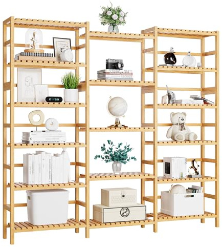 FOTOSOK Triple Wide 6-Tier Bookshelf and Bookcase,Large Freestanding Book Shelf with 17 Open Display Shelves, Tall Bookshelf Plant Flower Shelf Rack Storage Organizer Unit for Living Room, Natural
