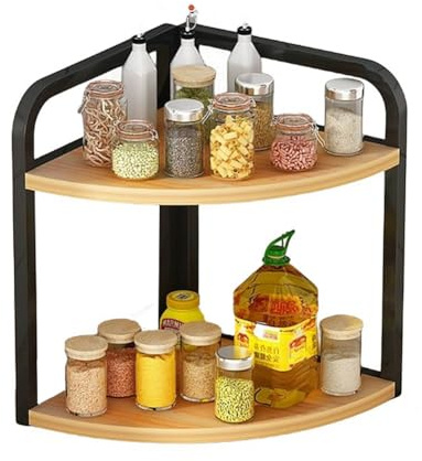 Generisch Küchenarbeitsplatte Eckregal Gewürzregal, Küchenzubehör hölzernes Gewürzregal Dreieck Eisen Nathroom Ecke Desktop Organizer（2-Etagen (L)