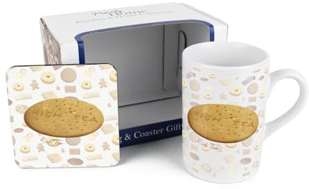 Purely Home Rich Tea Biscuit Mug & Coaster Gift Set - Novelty Gifts for Foodies - Tea/Coffee Ceramic Mug & Cork Coaster Set