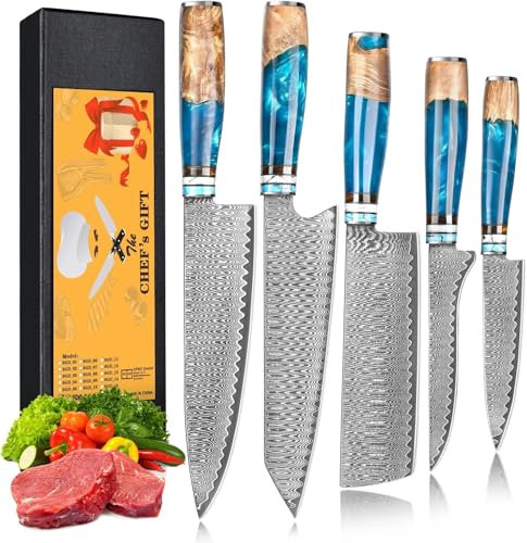 oFuun Damast Kochmesser Profi Set 5-Teilig - Japanisches Messer aus 67 Schichten Damaststahl - Chefmesser 20cm mit Ergonomischem Griff für Fleisch