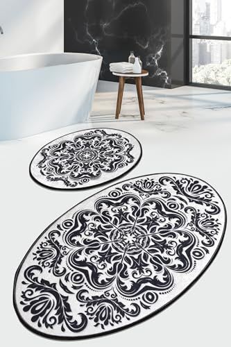 Bosdela Wood Ovales 2-Teiliges Badezimmerteppich-Set, Rutschfester WC-Vorleger & Badezimmerteppich, Wasserabsorbierend, Anti-Rutsch, 60x100 + 50x60 cm Motivas Oval Design