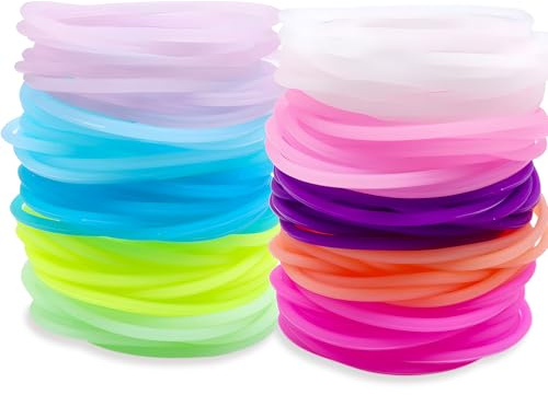 FindFunFine Multicolor Silicone Jelly Bracelets 120 Pieces Rainbow Stretchable 80S Bracelets Bands Hair Ties For Party Favors,Goodie Gifts Bags, Adults, Women,Party Supplies (10 Colors)