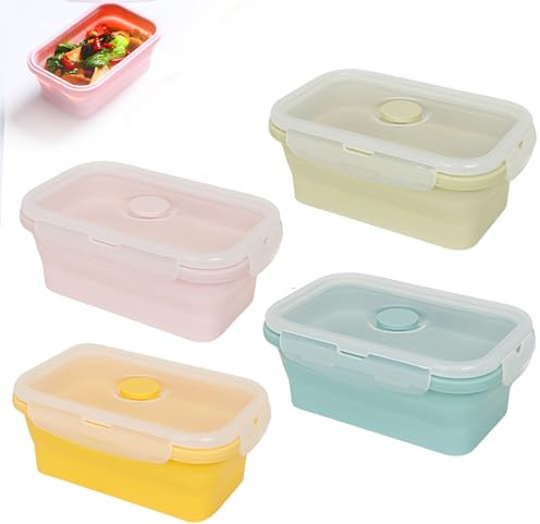 WIYETY Frischhaltedosen: 4 Stück Silikon Faltbare Brotdose, Platzsparend, Auslaufsicher, für Reisen (550ml, Rosa+Gelb+Mintgrün+Kieferngrün)