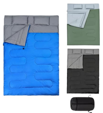 GYMAX Sac de Couchage Adulte 220 x 150 cm, Séparable pour 2 Personnes avec Oreillers, 2 Modes d'Utilisation, Pratique avec Fermetures Éclairs, Design Léger et Étanche, pour Camping, Randonnée (Bleu)