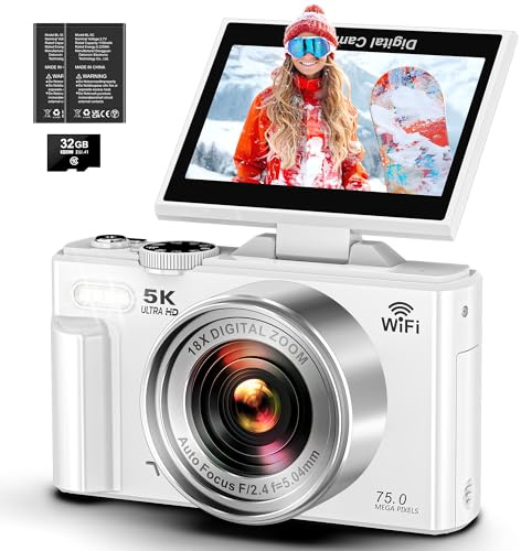 5K Digital Camera - WiFi 75MP Cameras for Photography - UHD Vlogging Camera for YouTube with 3 180° Flip Screen - Autofocus Compact Video Travel Camara with 18X Zoom, 32GB SD Card, 2 Batteries