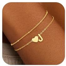 SLOONG Armband Damen Gold, 18K Gold Vergoldet Herz Armband mit Buchstaben Personalisiert Geschichtet Armbänder Verstellbares Armkette Goldschmuck Teenager Mädchen Geschenke für 4 5 6 7 8 9 10 Jahre