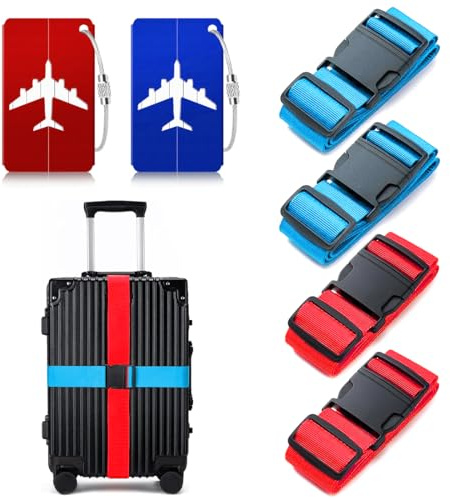 JYNVO Koffergurt 6 Kofferband + Namensschild Set 3.8×200cm Blau/Rot Steckverschluss + Passender Namensschild（Reise Kofferaufbereitung）