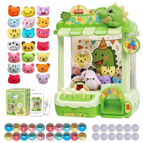 Joyfox Dinosaur Claw Machine for Kids, Dino Vendng Machine for Boys and Girls, Candy Grabber Prize Dispenser with 20 Mini Plush Toys and 20 Capsules, Fun Toys Arcade Game Birthday Gifts for Age 3+