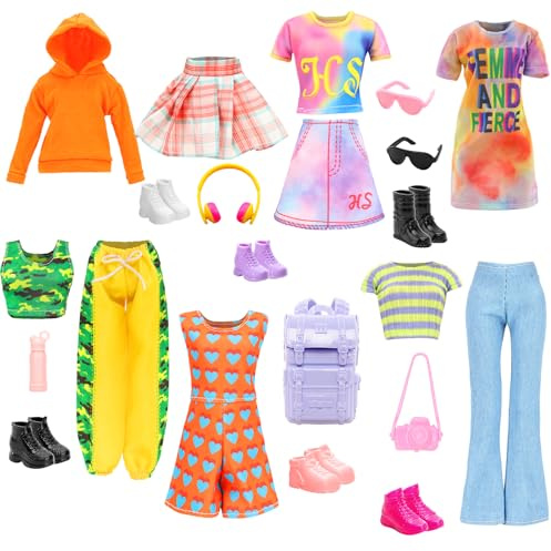 Miunana 22 Accesorios para 11.5 Pulgadas: 4 Ropas + 2 Vestidos + 2 Falda + 2 PCS Pantalóns + 6 PCS Zapatos + Auriculares + 2 Gafas + Cámara + Mochila + Botella (No Incluye muñecas)